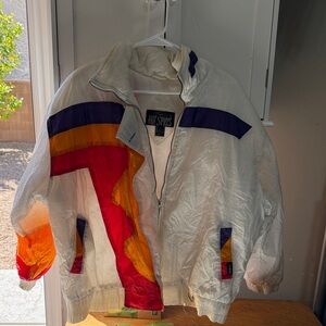 Vintage White Colorblock Puffer Jacket with Red, Orange & Purple Accents